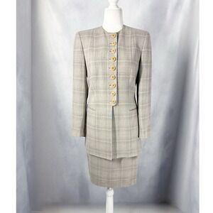 Vintage Giorgio Armani Linen Long Line Gray Plaid Skirt Suit Women's Size 6